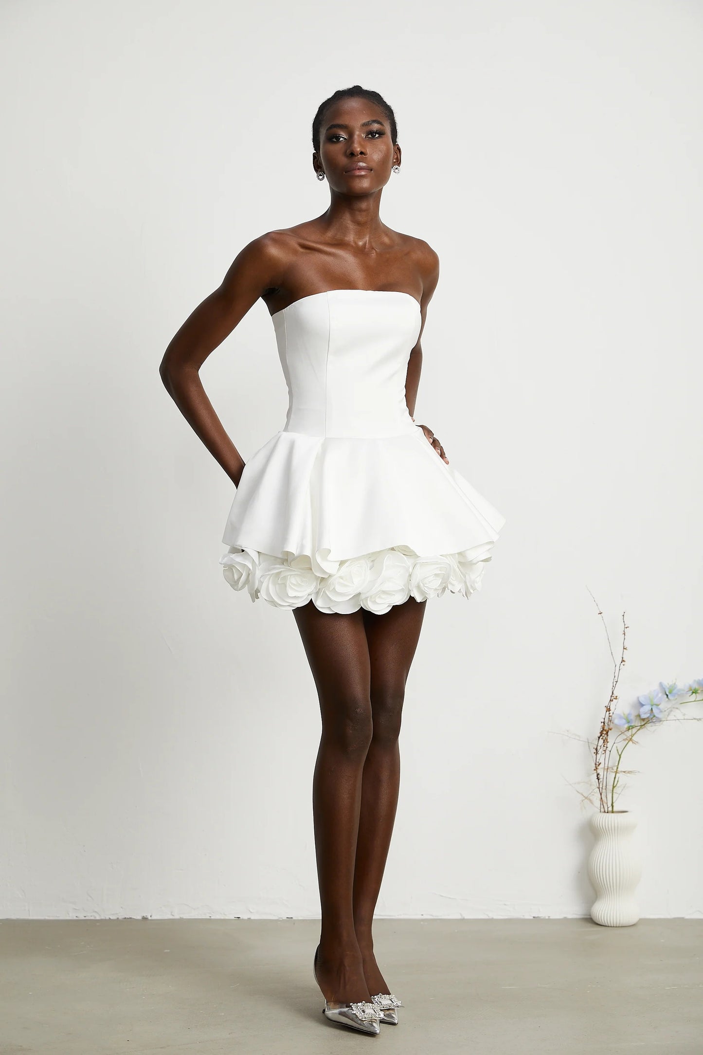 Lucie White Petal-Layered Strapless Corset Mini Dress