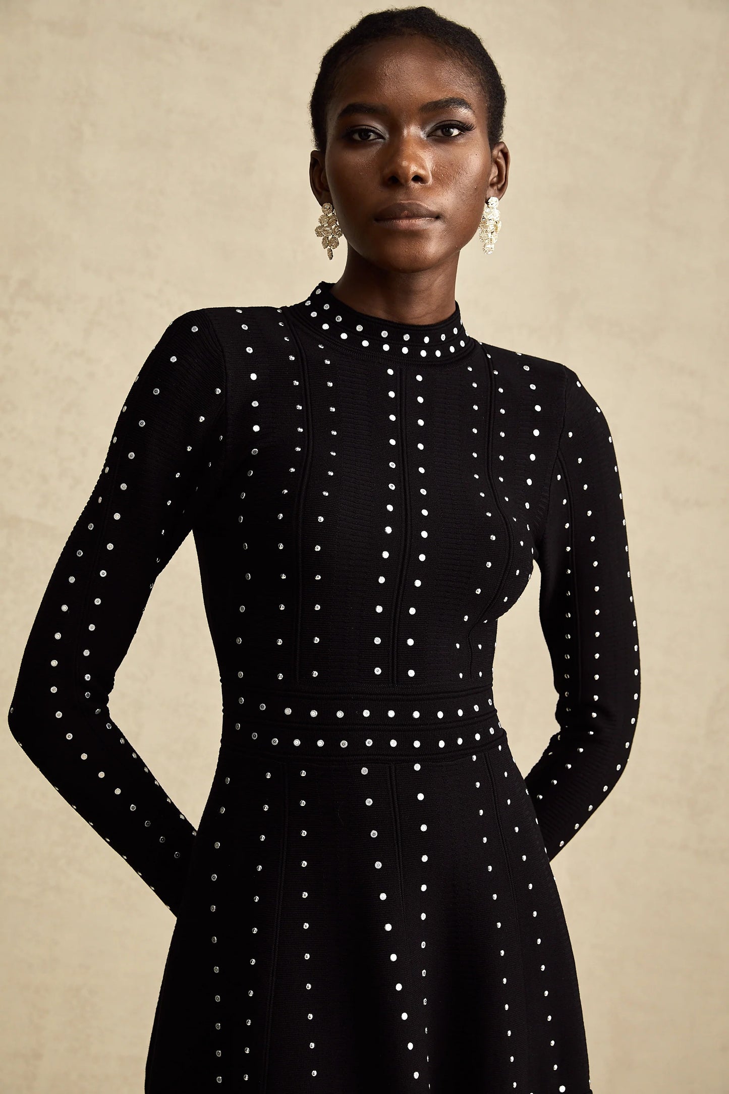 Fabienne Black Embellished Ruffled Knitted Mini Dress