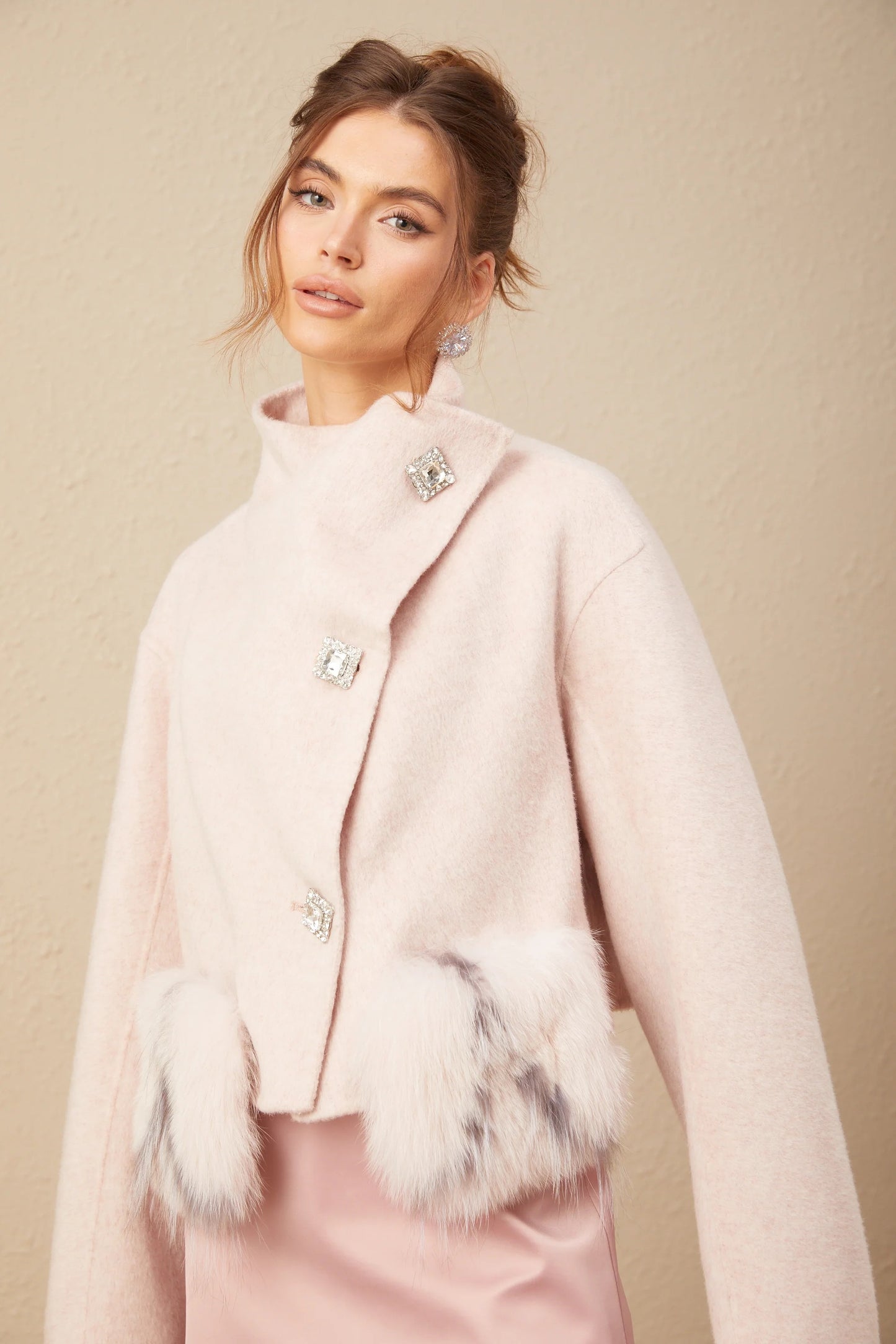 Vienne Pink Diagonal-Placket Short Coat