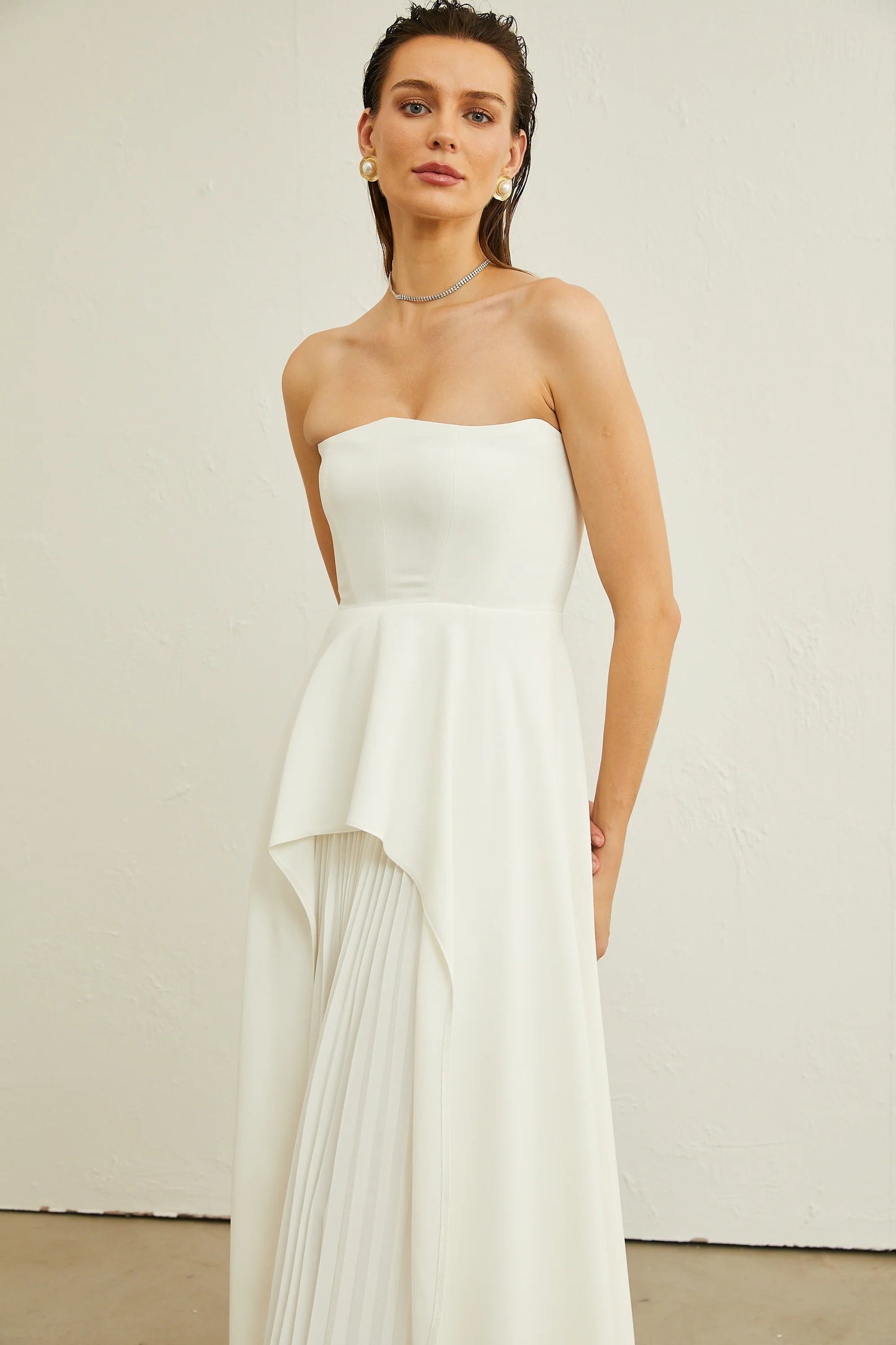 Vanessa White Pleated Off-Shoulder Maxi Dress