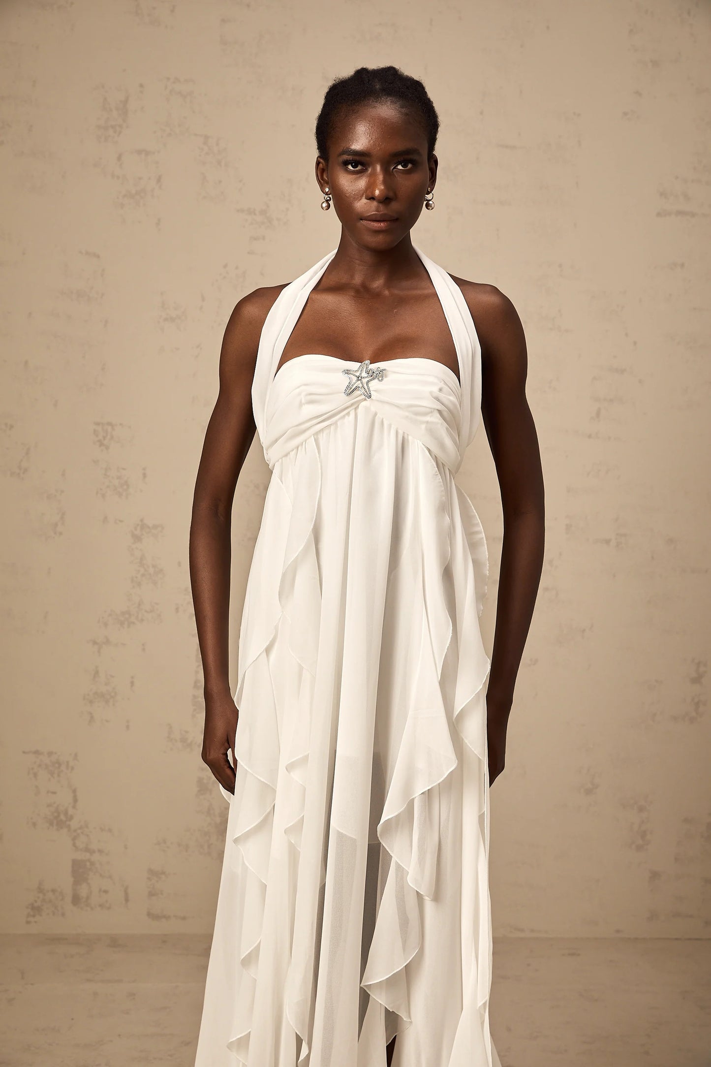 Mariah White Chiffon Ruffle Halterneck Maxi Dress
