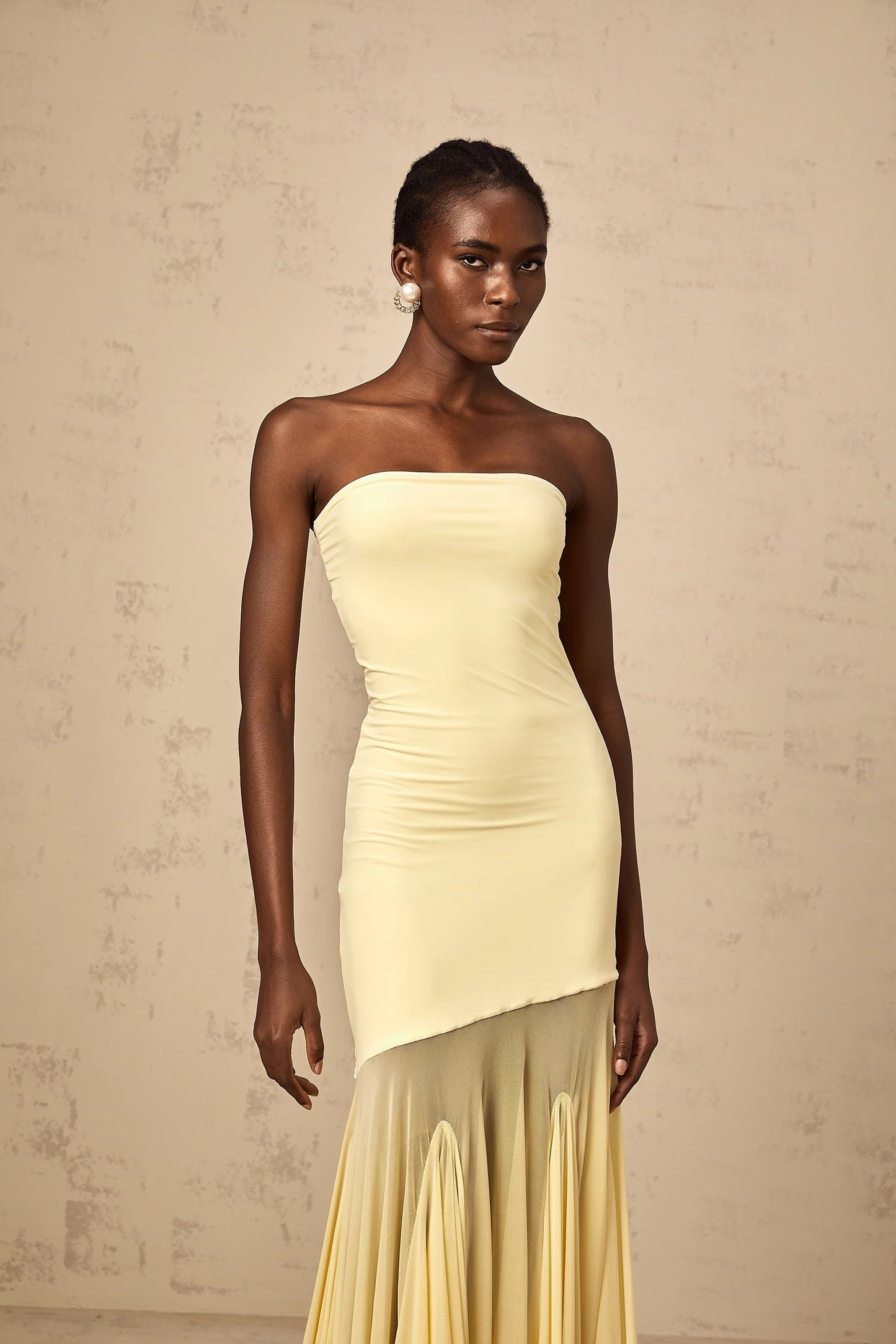 Josiane Yellow Off-Shoulder Sheer Tulle Maxi Dress