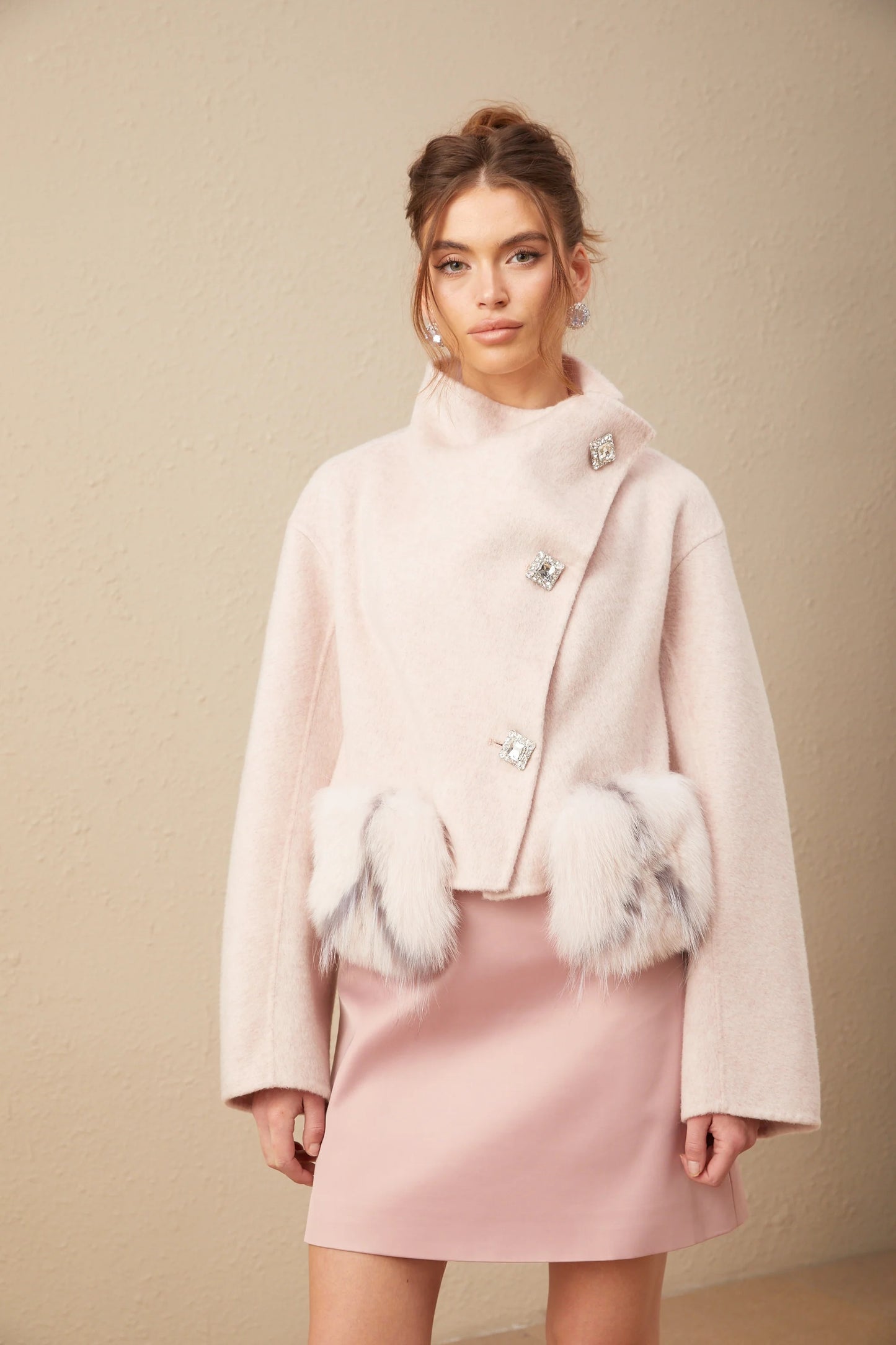 Vienne Pink Diagonal-Placket Short Coat
