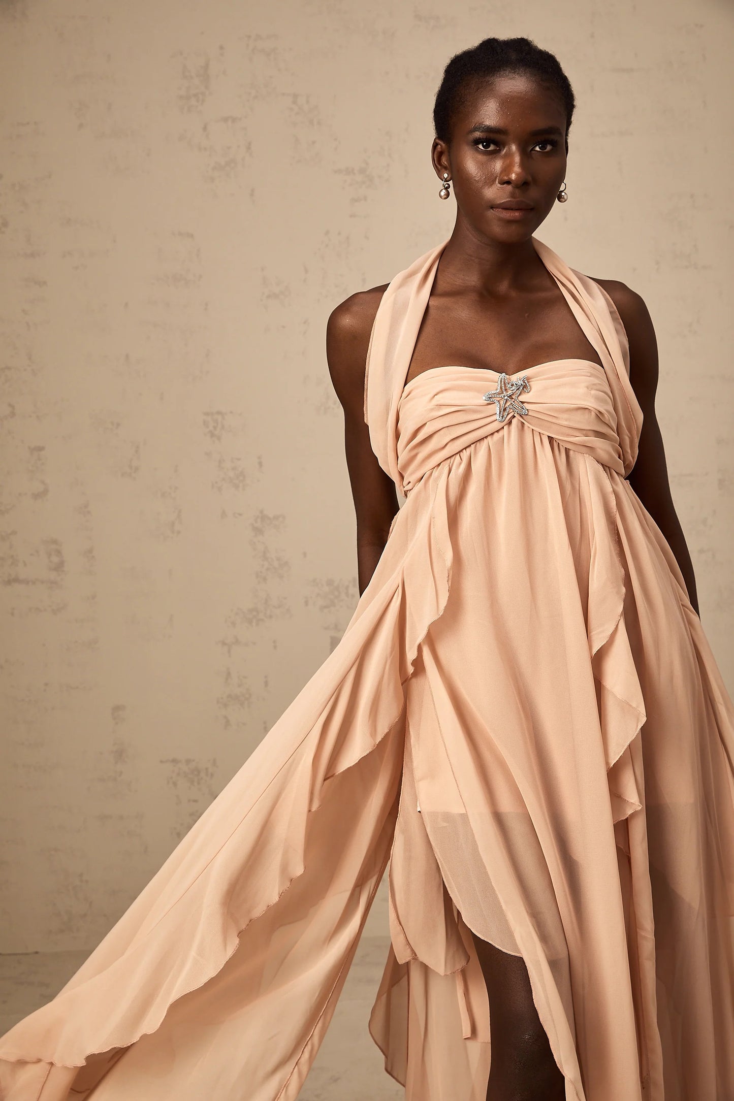 Mariah Pink Chiffon Ruffle Halterneck Maxi Dress