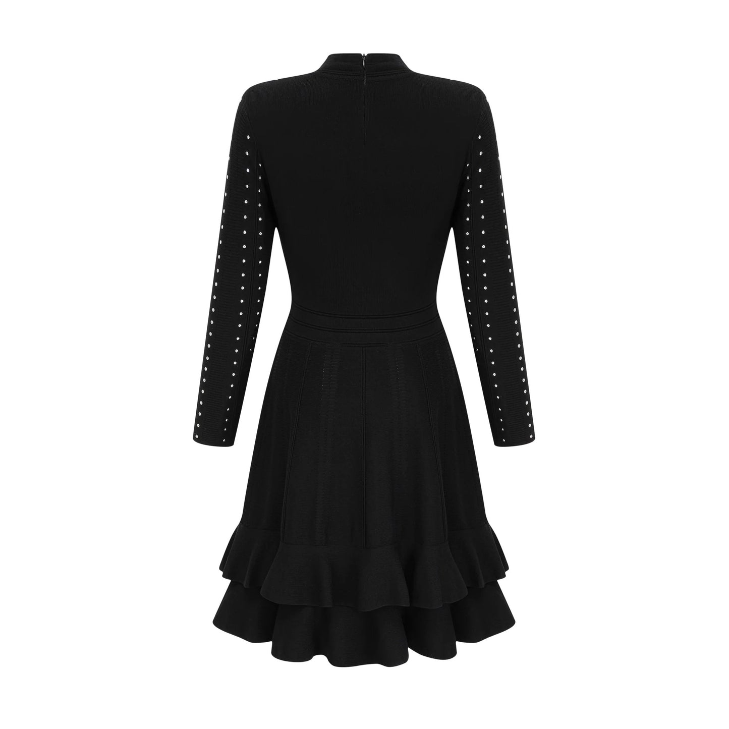Fabienne Black Embellished Ruffled Knitted Mini Dress