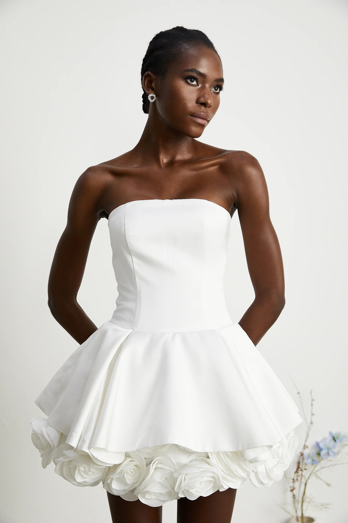 Lucie White Petal-Layered Strapless Corset Mini Dress