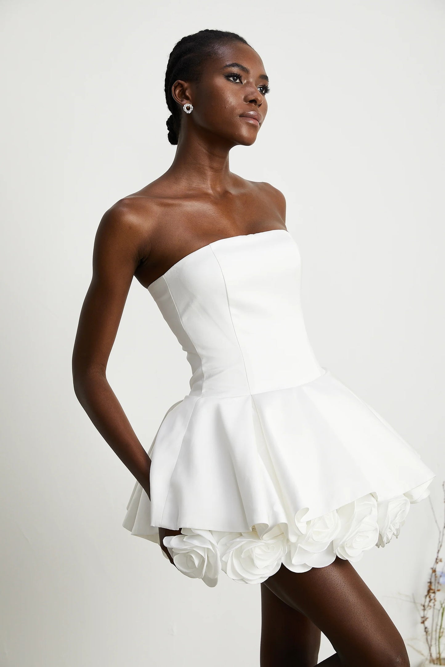 Lucie White Petal-Layered Strapless Corset Mini Dress