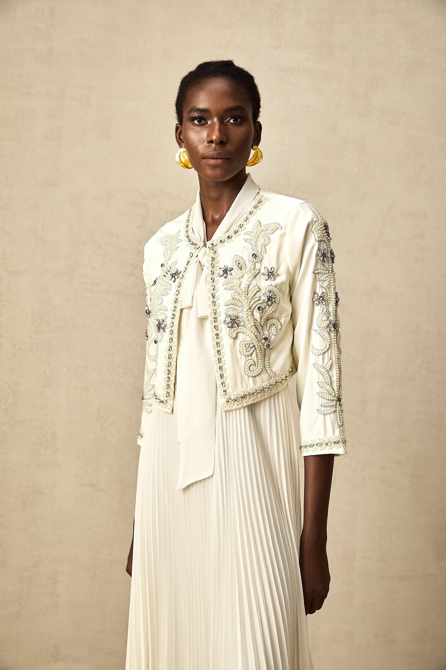 Blanche White Embellished Pleated Two-Piece Jacket and Dress Set