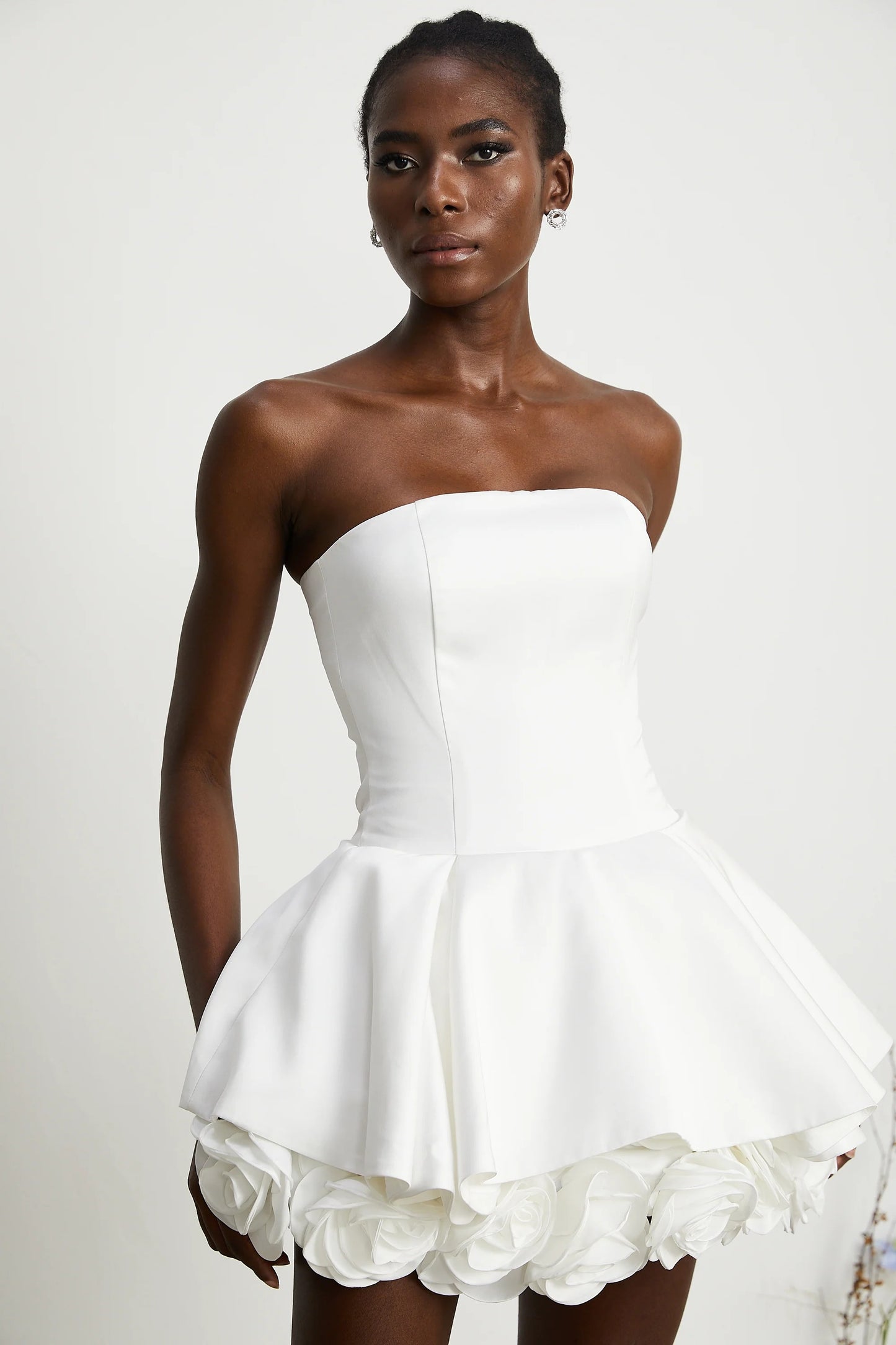 Lucie White Petal-Layered Strapless Corset Mini Dress