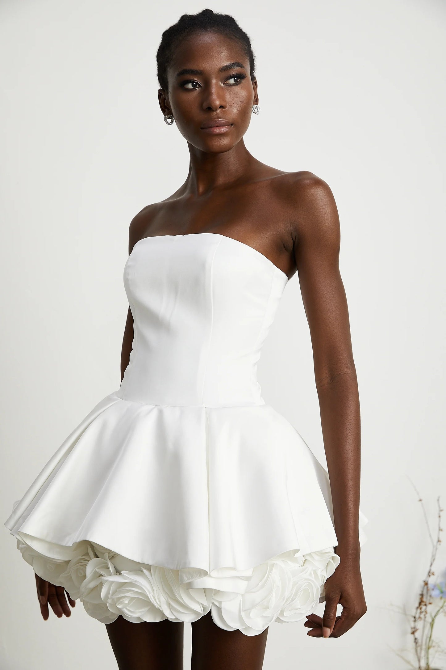 Lucie White Petal-Layered Strapless Corset Mini Dress
