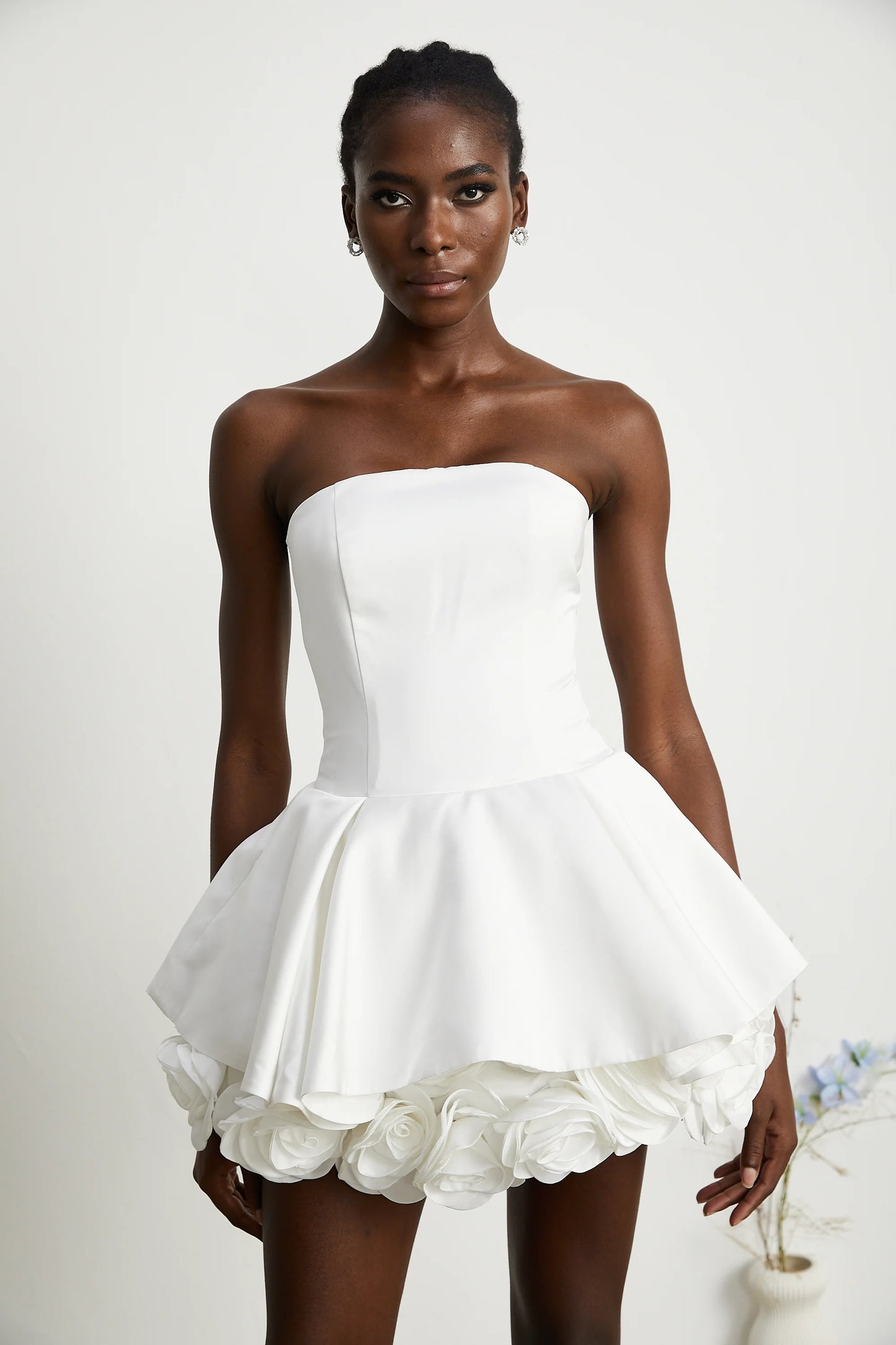 Lucie White Petal-Layered Strapless Corset Mini Dress