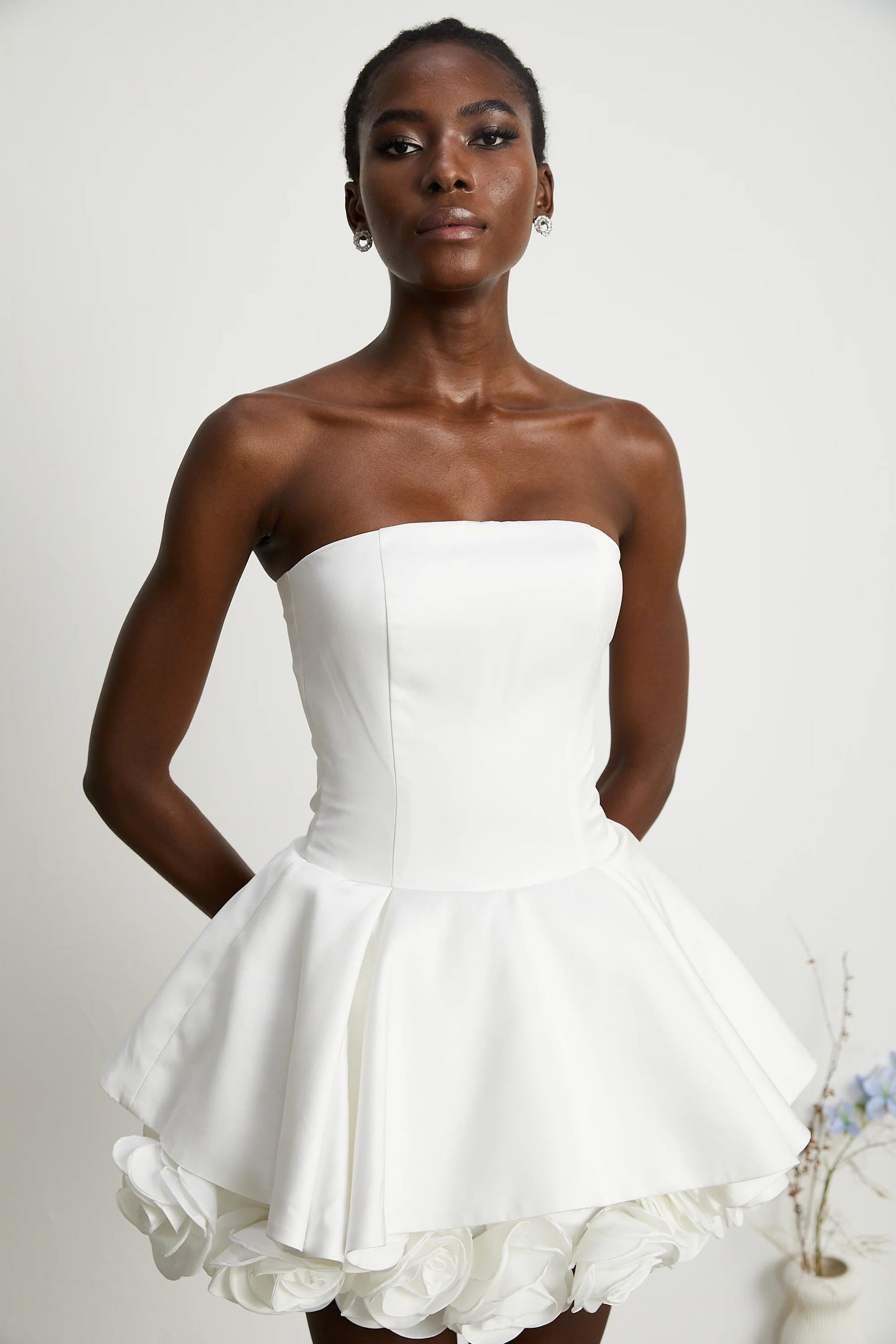 Lucie White Petal-Layered Strapless Corset Mini Dress