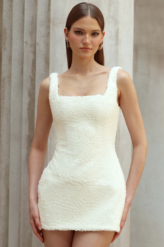 Angèle White Furry Snake Mini Bodycon Dress