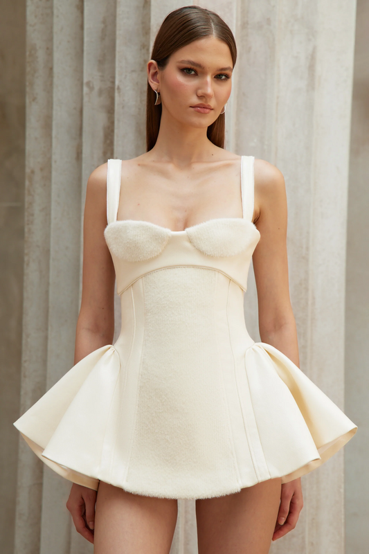 Michèle White Furry Leather Panel Mini Dress
