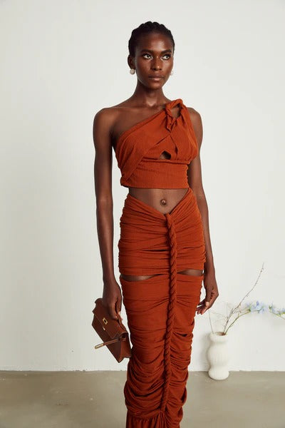Célestine brown twisted cut-out top & skirt matching set