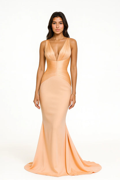 Emmeline Neutral Train Design Gathered Maxi Dress