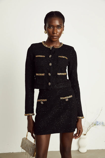 Ariane Black Sequined Tweed Jacket & Skirt Matching Set