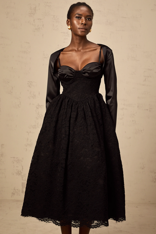Sidonie Black Floral-Lace Top & Dress Matching Set