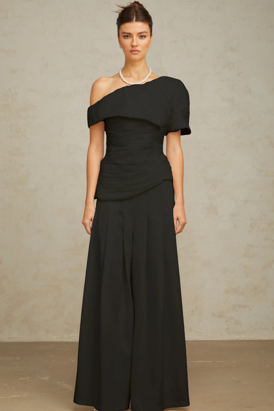 Adèle Creased Top & Trousers Matching Set in Black