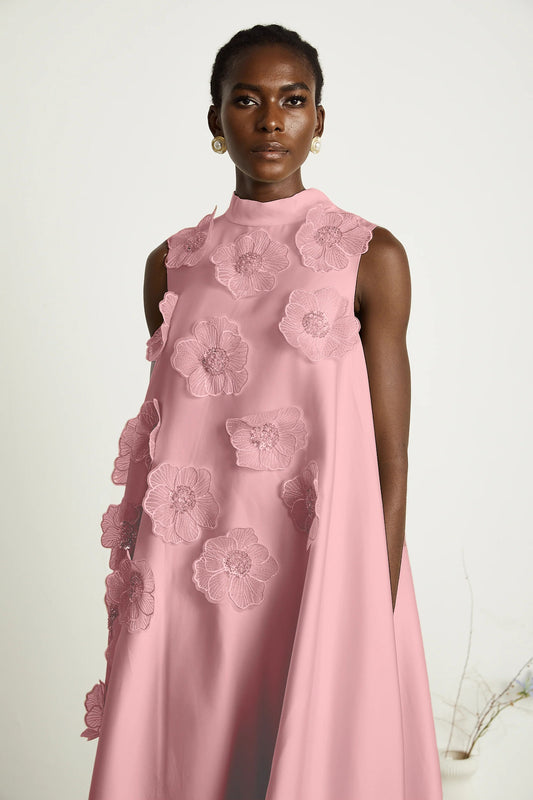 Emilie Sleeveless Floral-Applique Midi Dress in Pink