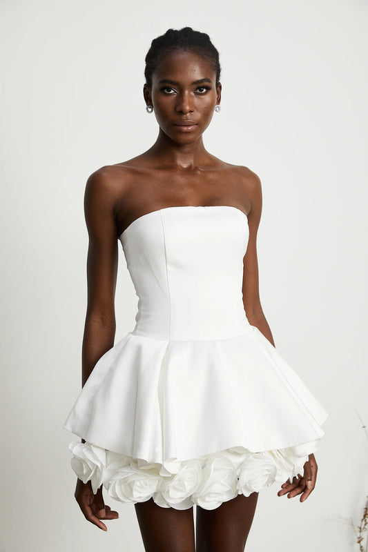 Lucie White Petal-Layered Strapless Corset Mini Dress