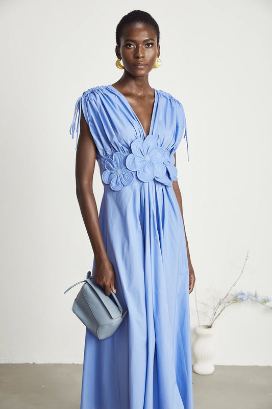 Emma Petal-Detail Drawstring Maxi Dress in Blue
