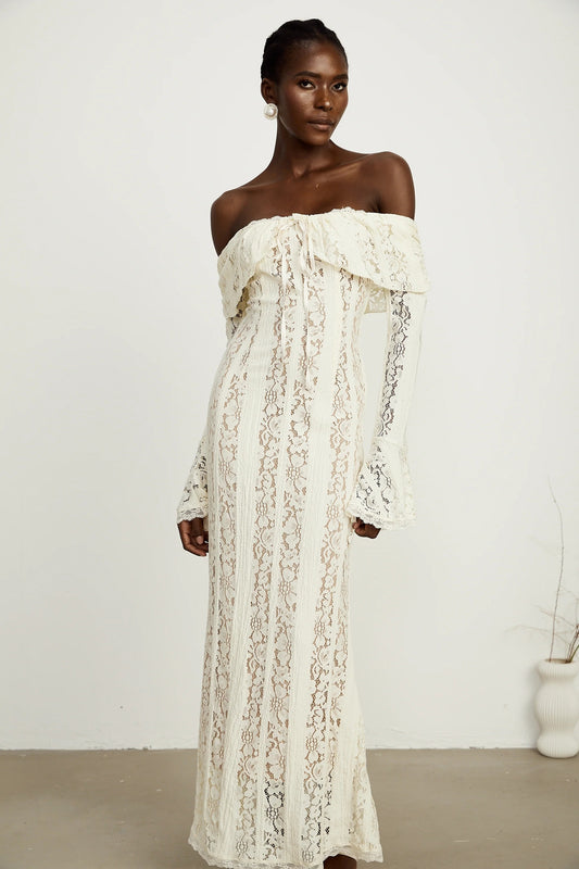 Emeline Floral Lace Flared-Cuff Maxi Dress in Neutrals