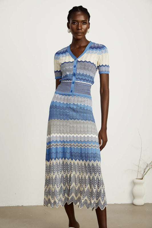 Daniela Blue Zigzag-Design Knit Top & Skirt Matching Set