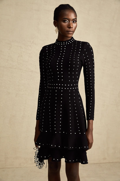Fabienne Black Embellished Ruffled Knitted Mini Dress