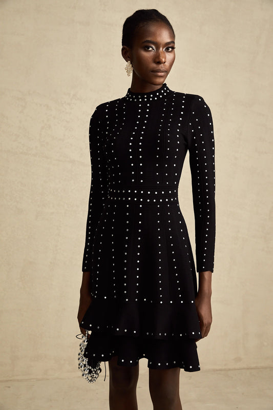 Fabienne Black Embellished Ruffled Knitted Mini Dress