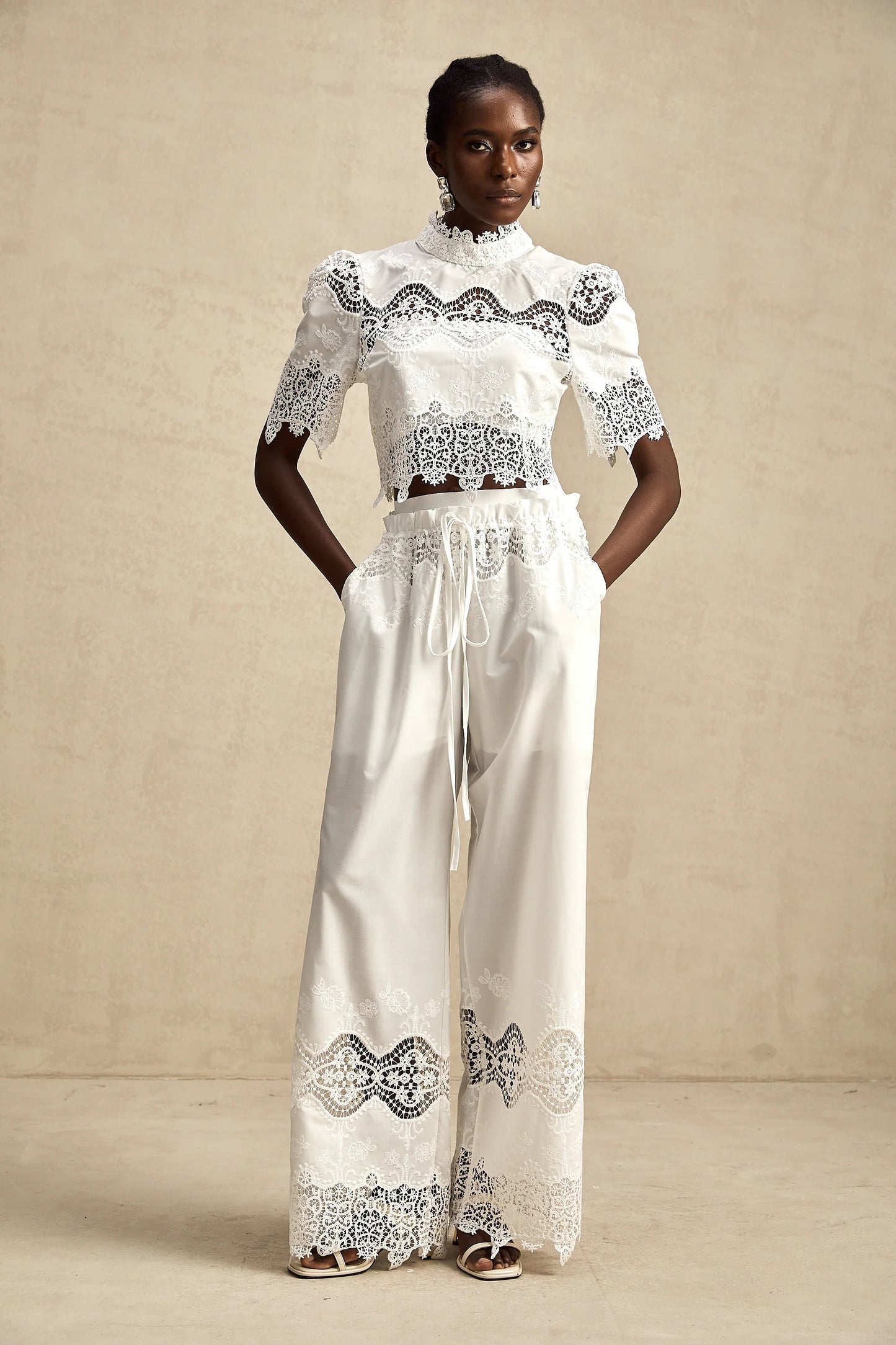 Raphaelle Lace-Trim Cut-Out Cropped Top & Trousers Matching Set