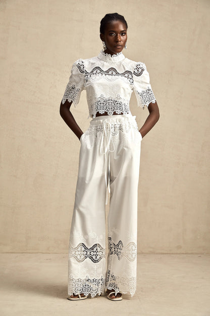 Raphaelle Lace-Trim Cut-Out Cropped Top & Trousers Matching Set