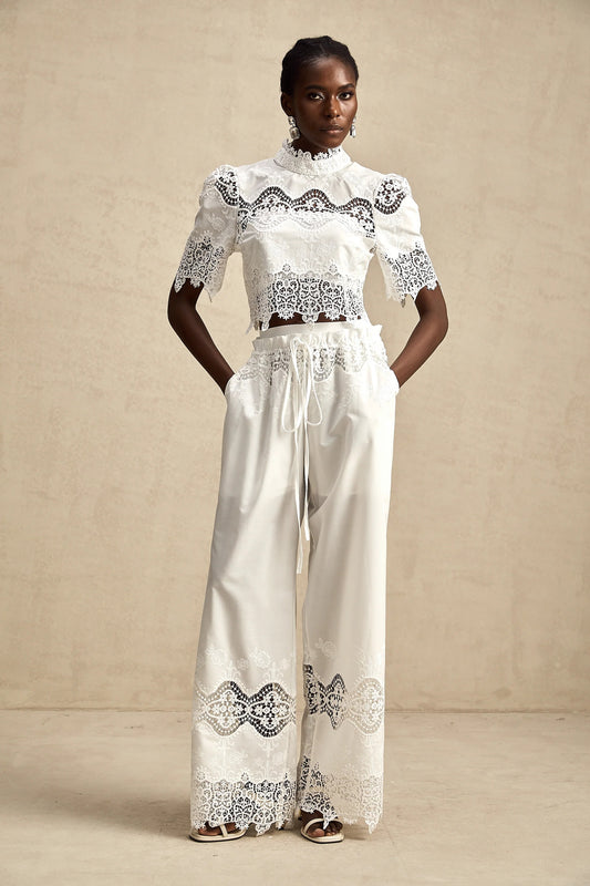 Raphaelle Lace-Trim Cut-Out Cropped Top & Trousers Matching Set