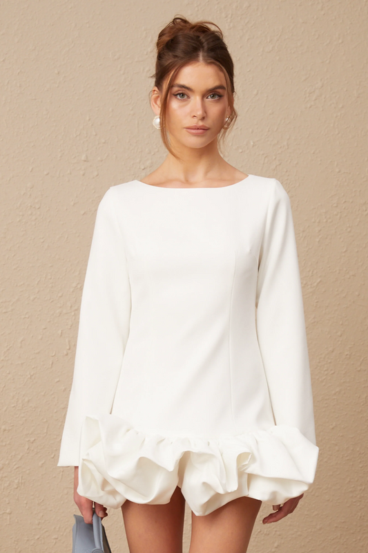Elodie Bubble-Skirt Mini Dress in White