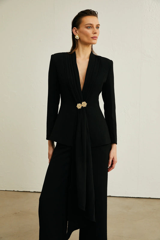 Suzanne Black Pleated Jacket & Trousers Matching Set