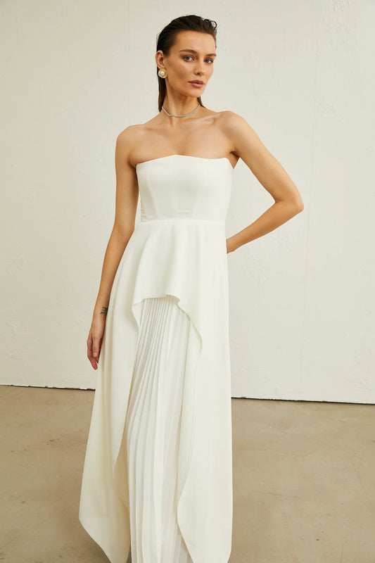 Vanessa White Pleated Off-Shoulder Maxi Dress