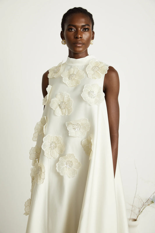 Emilie Sleeveless Floral-Applique Midi Dress in White