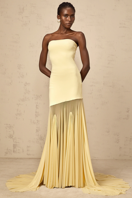 Josiane Yellow Off-Shoulder Sheer Tulle Maxi Dress