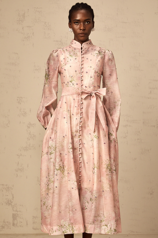 Narcisse Pink Embellished Floral-Print Midi Dress