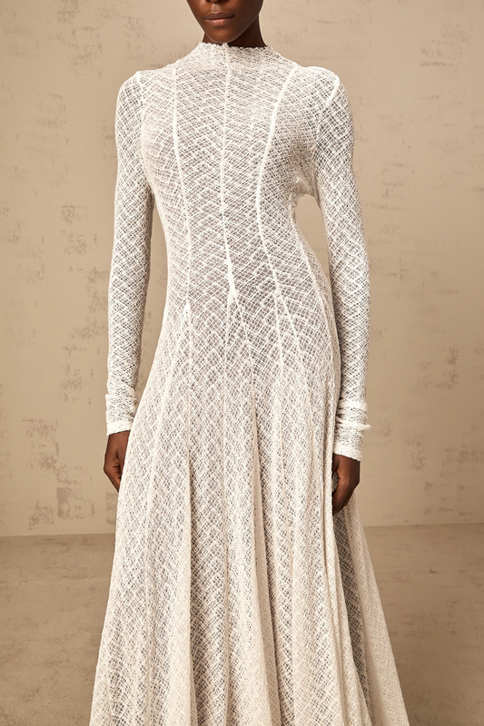 Athena Wavy-Pattern Lace Maxi Dress in White