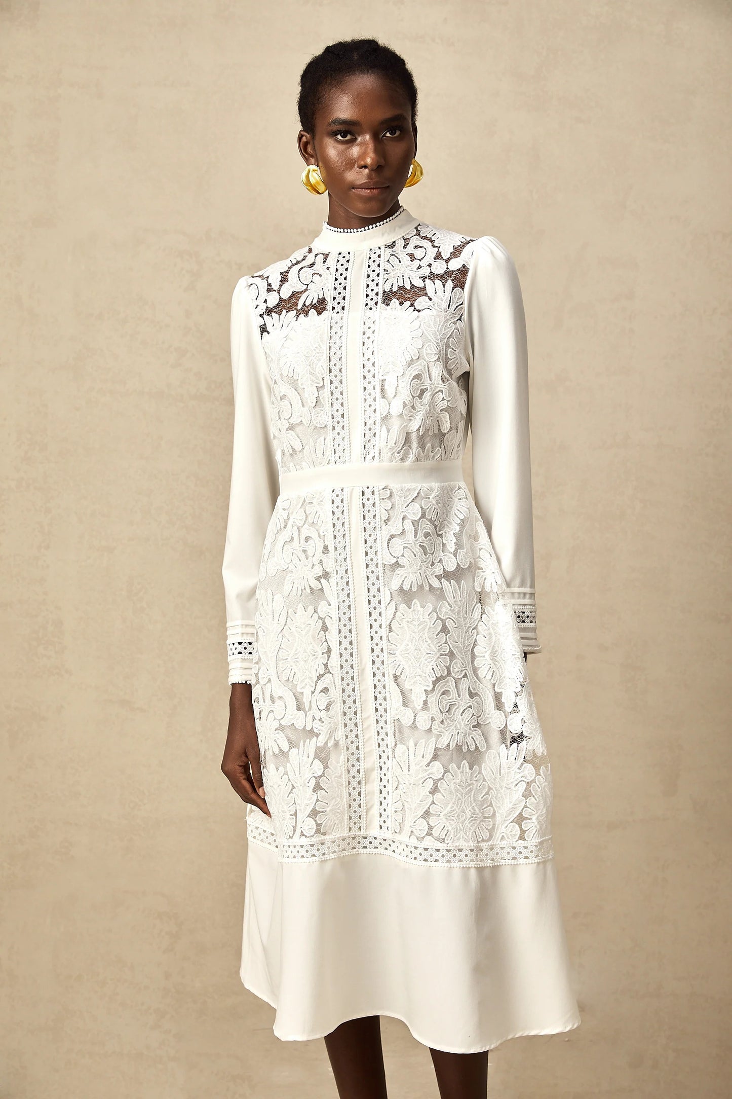 Madeleine White Panelled Embroidered Midi Dress