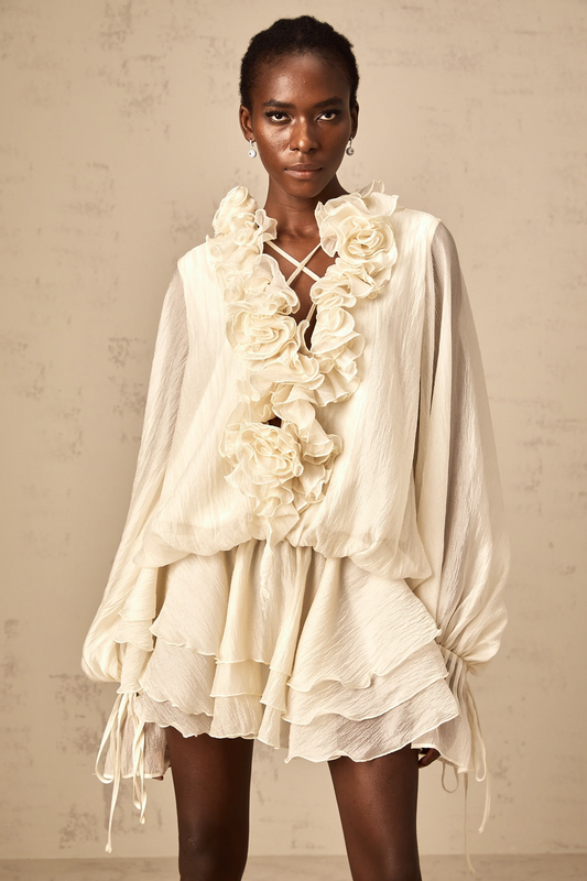 Zephyrine Floral-Applique Tiered Mini Dress in Neutrals