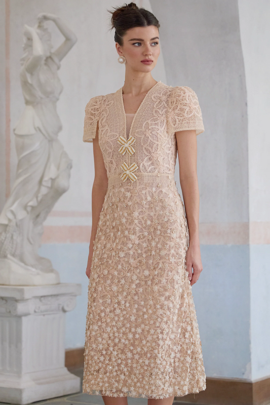 Berengere Neutrals Faux-Flower Crochet Midi Dress