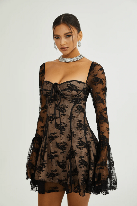 Cyrielle Black Flared-Cuff Long-Sleeved Dress