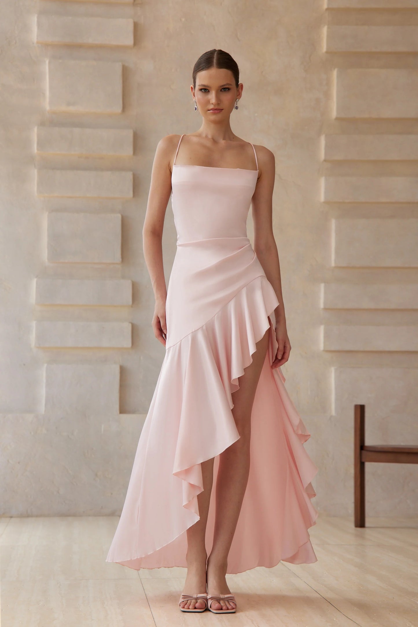 Lena Pink Asymmetrical Satin Midi Dress