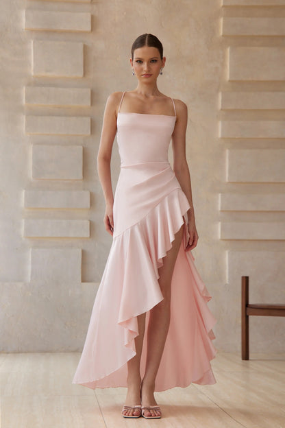 Lena Pink Asymmetrical Satin Midi Dress