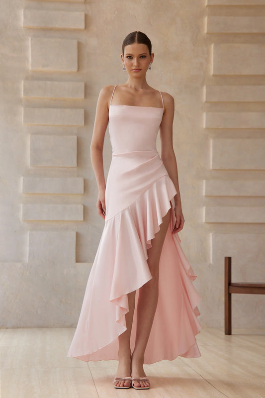 Lena Pink Asymmetrical Satin Midi Dress