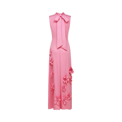 Magali Pink Sleeveless Maxi Dress with Faux Flower & Bow-Tie Embellishment