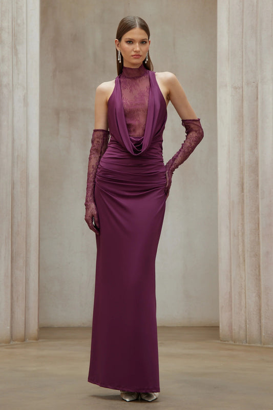 Borbala Magenta Lace Bodice Ruched Maxi Dress