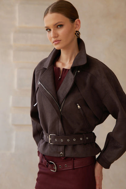 Laura Brown Belted Suede Biker Jacket